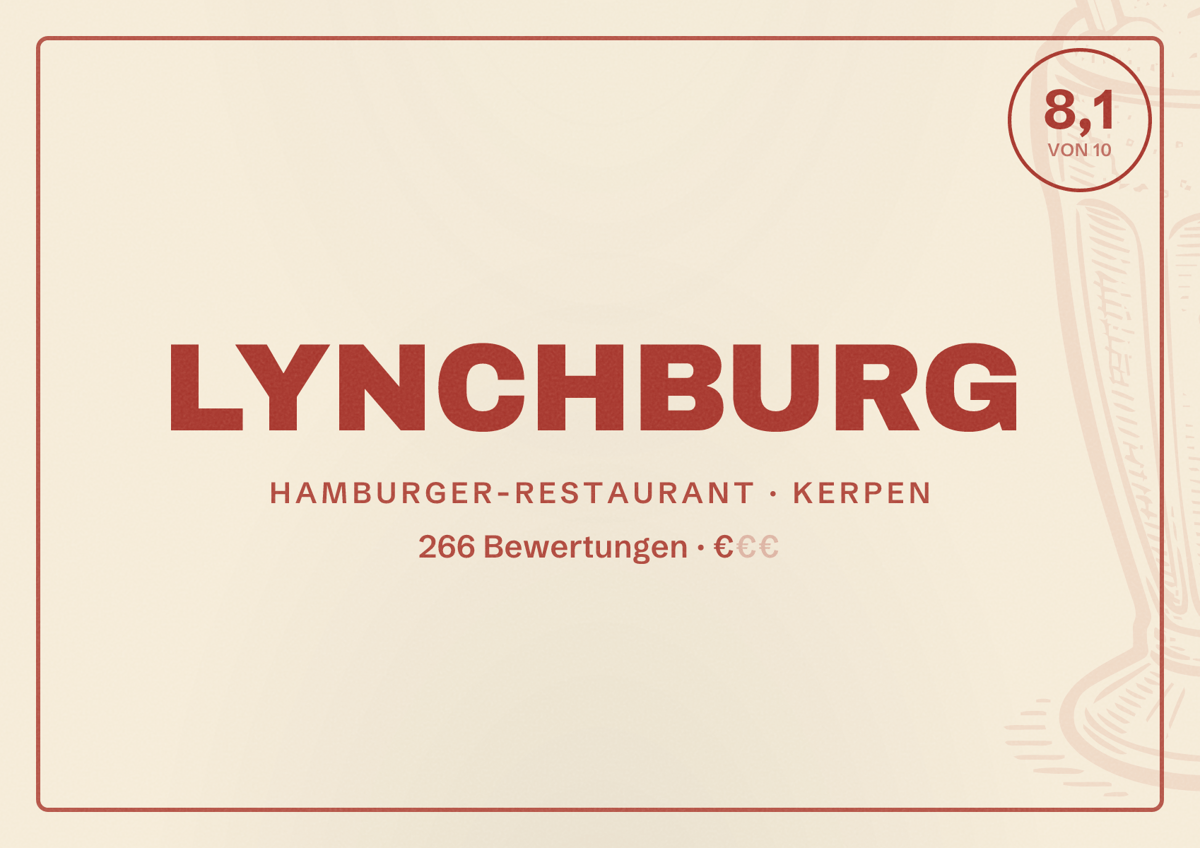 Illustriertes Poster von LYNCHBURG, Hamburger-Restaurant in Kerpen: Bewertung 8,1 von 10 aus 266 Bewertungen, Preisniveau €