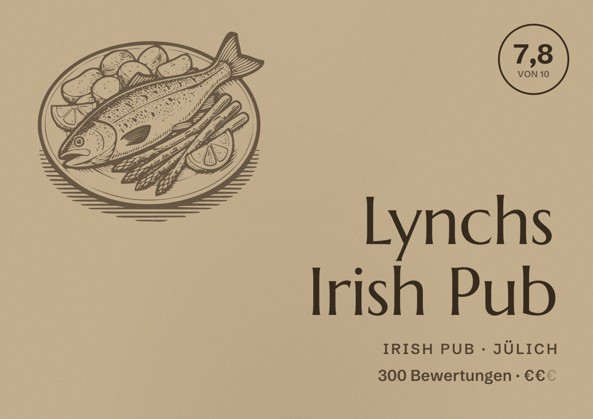 Illustriertes Poster von Lynchs Irish Pub, Irish Pub in Jülich: Bewertung 7,8 von 10 aus 300 Bewertungen, Preisniveau €€