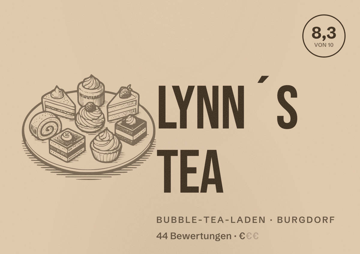 Illustriertes Poster von Lynn´s Tea, Bubble-Tea-Laden in Burgdorf: Bewertung 8,3 von 10 aus 44 Bewertungen, Preisniveau €