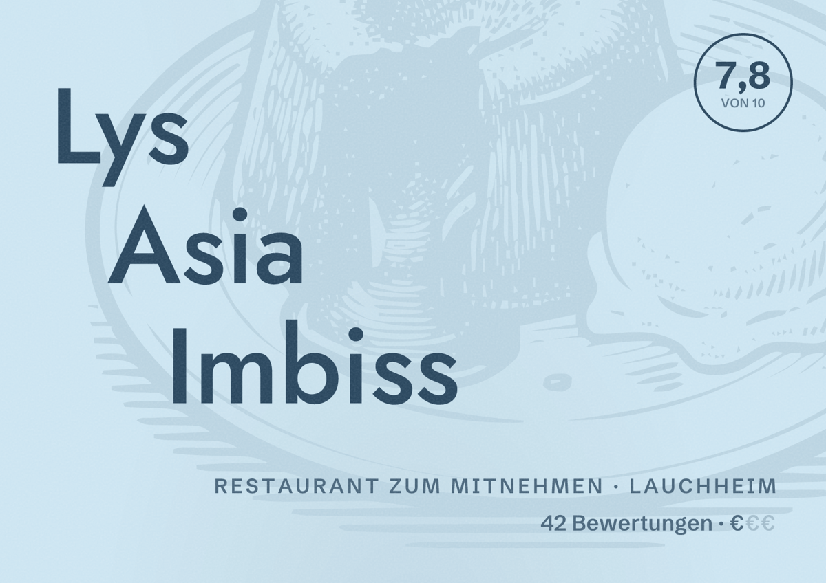 Illustriertes Poster von Lys Asia Imbiss, Restaurant zum Mitnehmen in Lauchheim: Bewertung 7,8 von 10 aus 42 Bewertungen, Preisniveau €