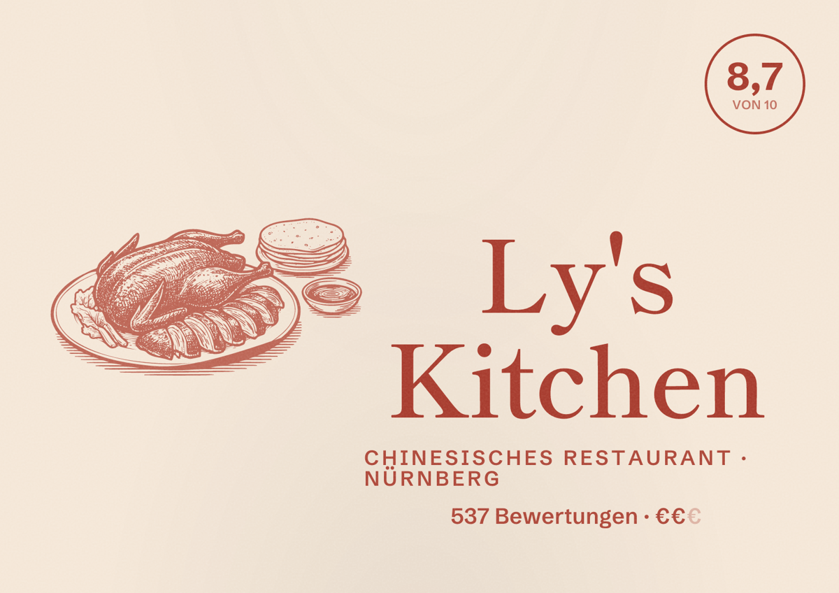 Illustriertes Poster von Ly's Kitchen, Chinesisches Restaurant in Nürnberg: Bewertung 8,7 von 10 aus 537 Bewertungen, Preisniveau €€