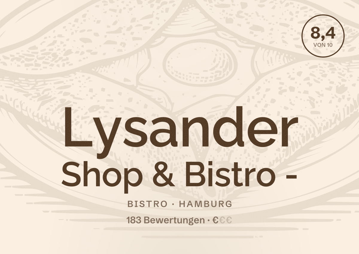 Illustriertes Poster von Lysander Shop & Bistro -, Bistro in Hamburg: Bewertung 8,4 von 10 aus 183 Bewertungen, Preisniveau €