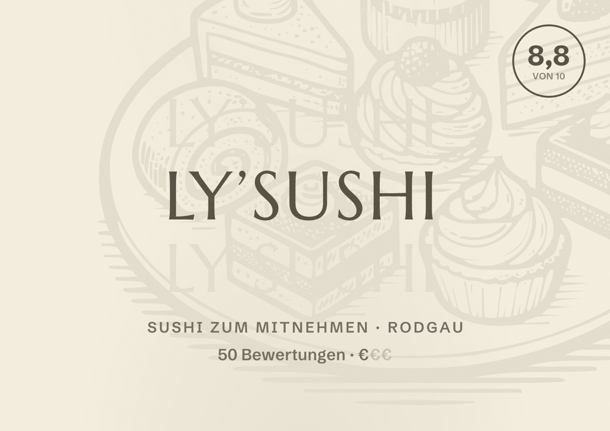 Illustriertes Poster von Ly’Sushi, Sushi zum Mitnehmen in Rodgau: Bewertung 8,8 von 10 aus 50 Bewertungen, Preisniveau €