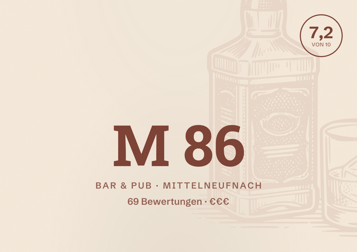 Illustriertes Poster von M 86, Bar & Pub in Mittelneufnach: Bewertung 7,2 von 10 aus 69 Bewertungen, Preisniveau €€€