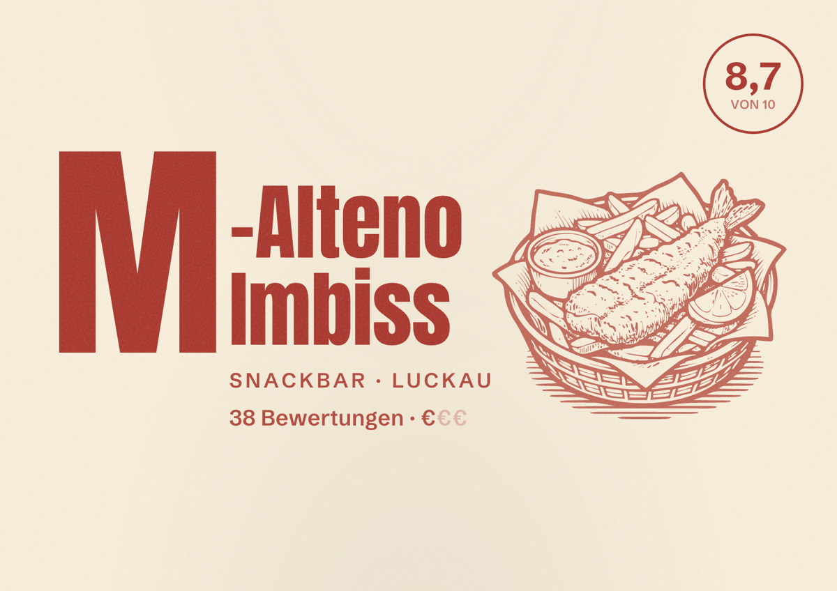 Illustriertes Poster von M-Alteno Imbiss, Snackbar in Luckau: Bewertung 8,7 von 10 aus 38 Bewertungen, Preisniveau €