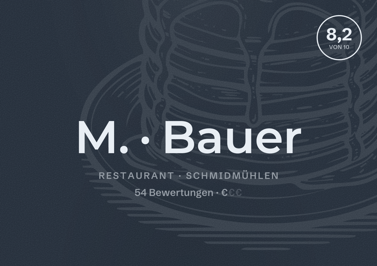 Illustriertes Poster von M. Bauer, Restaurant in Schmidmühlen: Bewertung 8,2 von 10 aus 54 Bewertungen, Preisniveau €