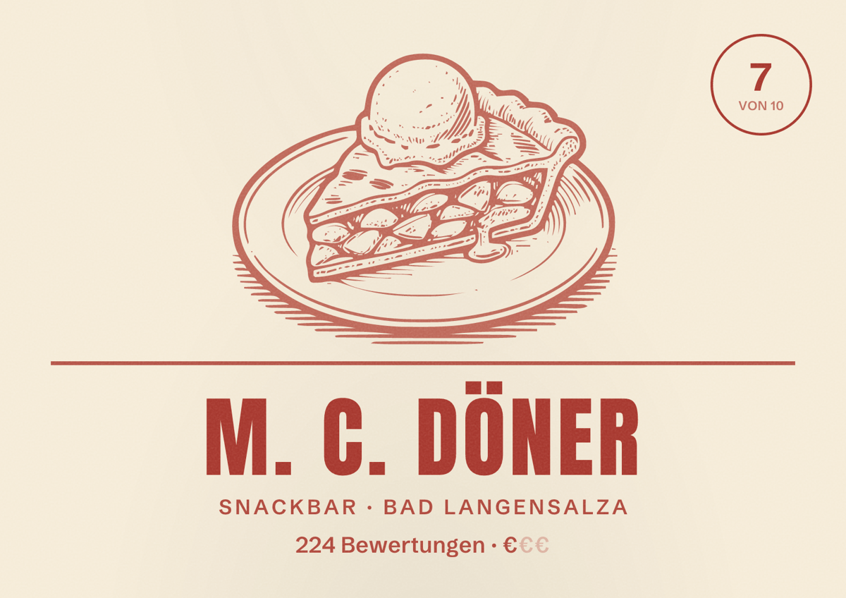 Illustriertes Poster von M. C. DÖNER, Snackbar in Bad Langensalza: Bewertung 7 von 10 aus 224 Bewertungen, Preisniveau €