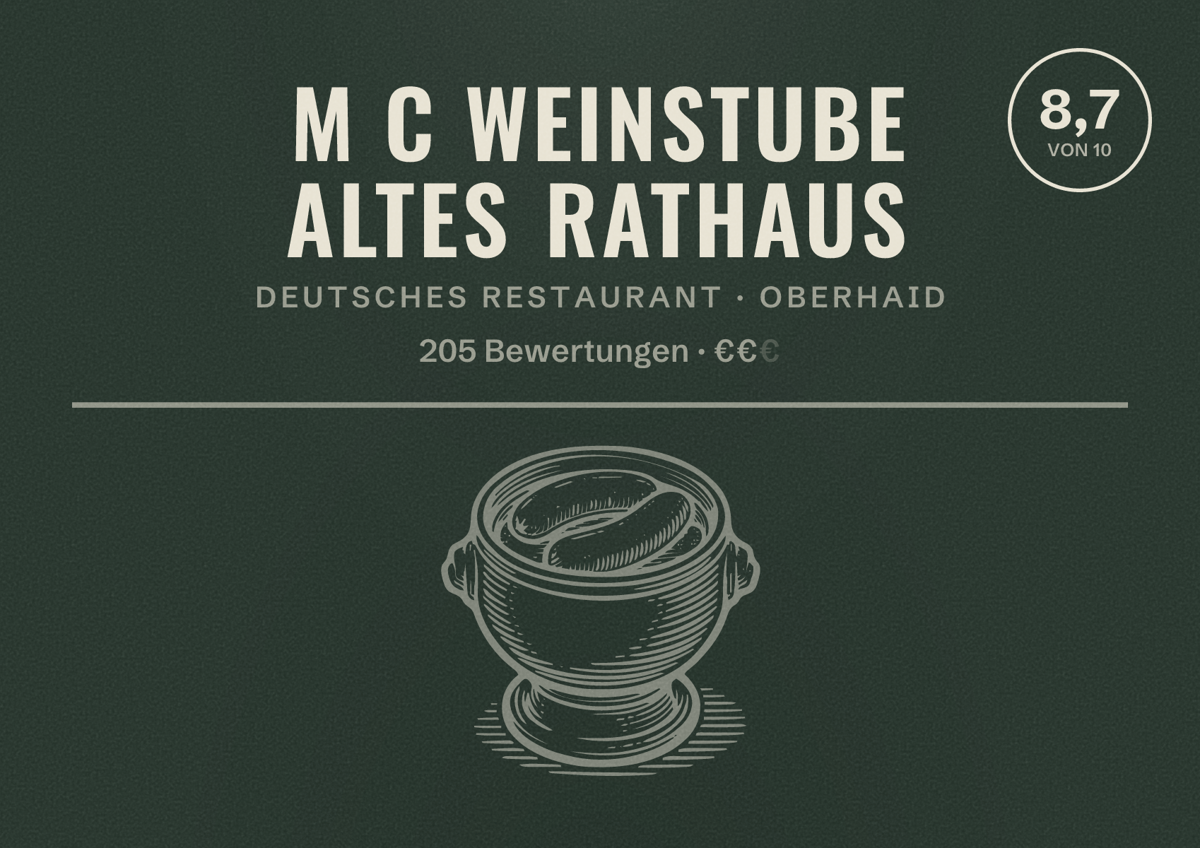 Illustriertes Poster von M C Weinstube Altes Rathaus, Deutsches Restaurant in Oberhaid: Bewertung 8,7 von 10 aus 205 Bewertungen, Preisniveau €€