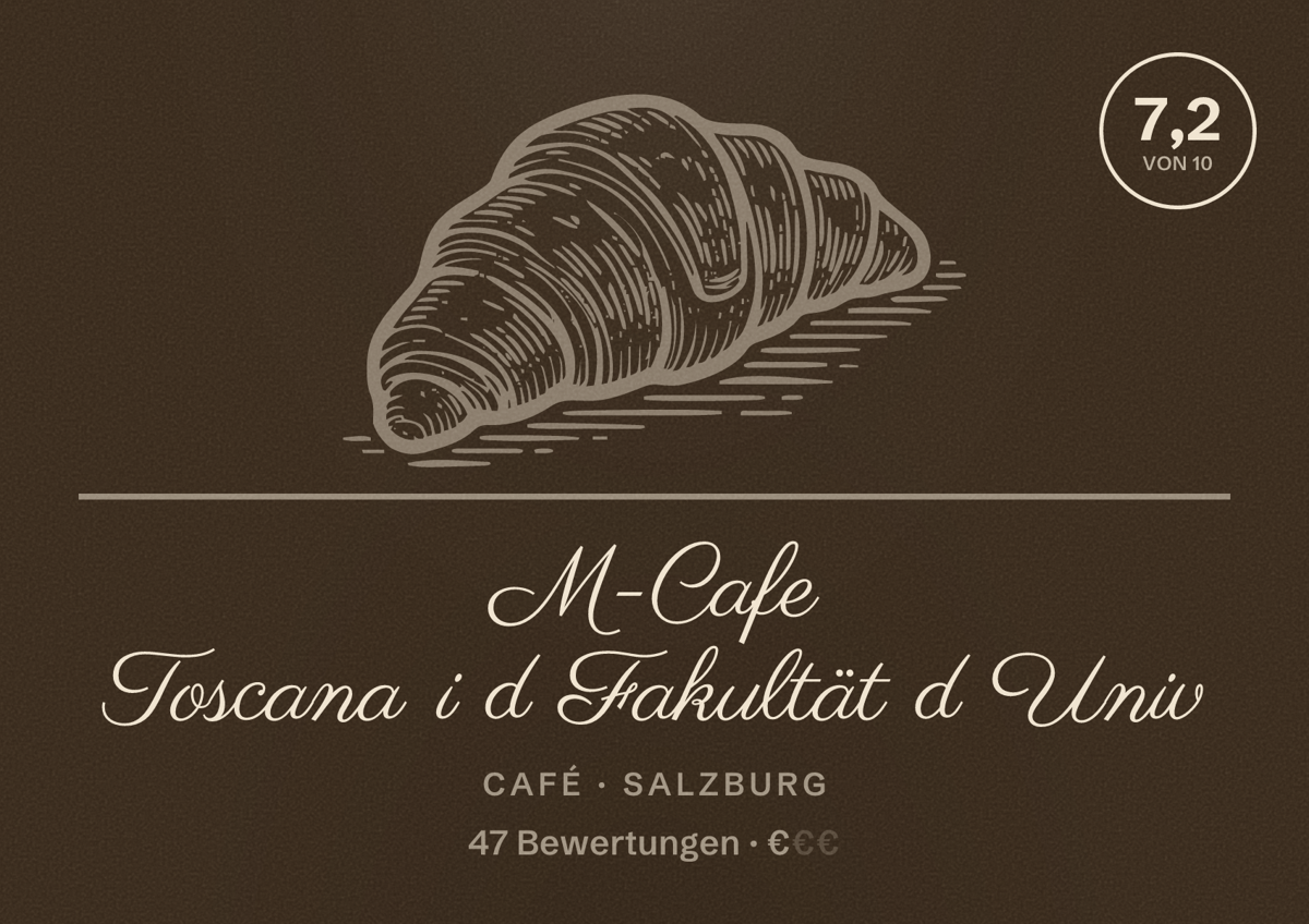 Illustriertes Poster von M-Cafe Toscana i d Fakultät d Univ, Café in Salzburg: Bewertung 7,2 von 10 aus 47 Bewertungen, Preisniveau €