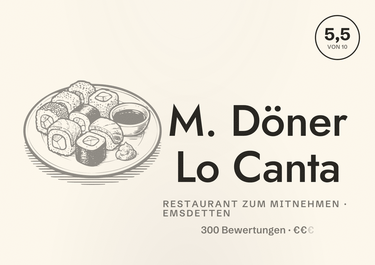 Illustriertes Poster von M. Döner Lo Canta, Restaurant zum Mitnehmen in Emsdetten: Bewertung 5,5 von 10 aus 300 Bewertungen, Preisniveau €€