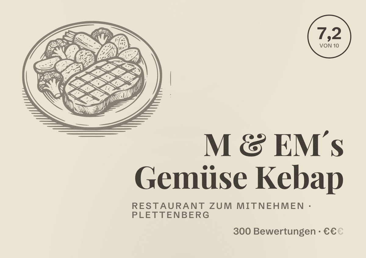 Illustriertes Poster von M & EM´s Gemüse Kebap, Restaurant zum Mitnehmen in Plettenberg: Bewertung 7,2 von 10 aus 300 Bewertungen, Preisniveau €€