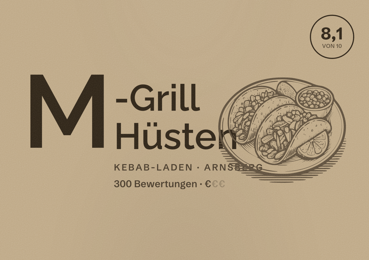 Illustriertes Poster von M-Grill Hüsten, Kebab-Laden in Arnsberg: Bewertung 8,1 von 10 aus 300 Bewertungen, Preisniveau €