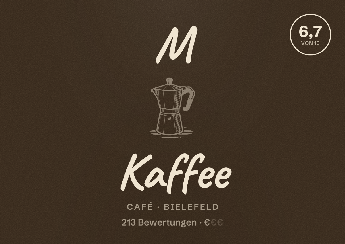 Illustriertes Poster von M Kaffee, Café in Bielefeld: Bewertung 6,7 von 10 aus 213 Bewertungen, Preisniveau €