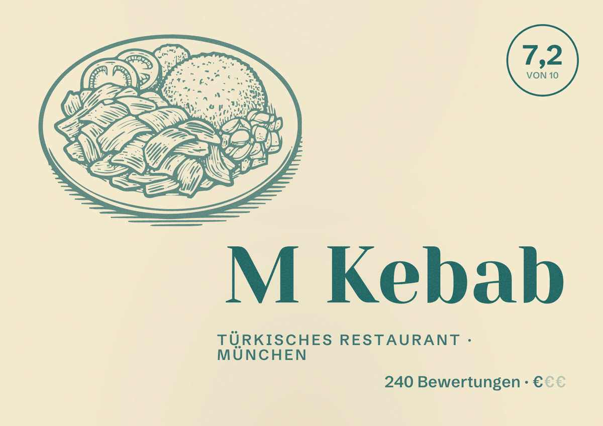 Illustriertes Poster von M Kebab, Türkisches Restaurant in München: Bewertung 7,2 von 10 aus 240 Bewertungen, Preisniveau €