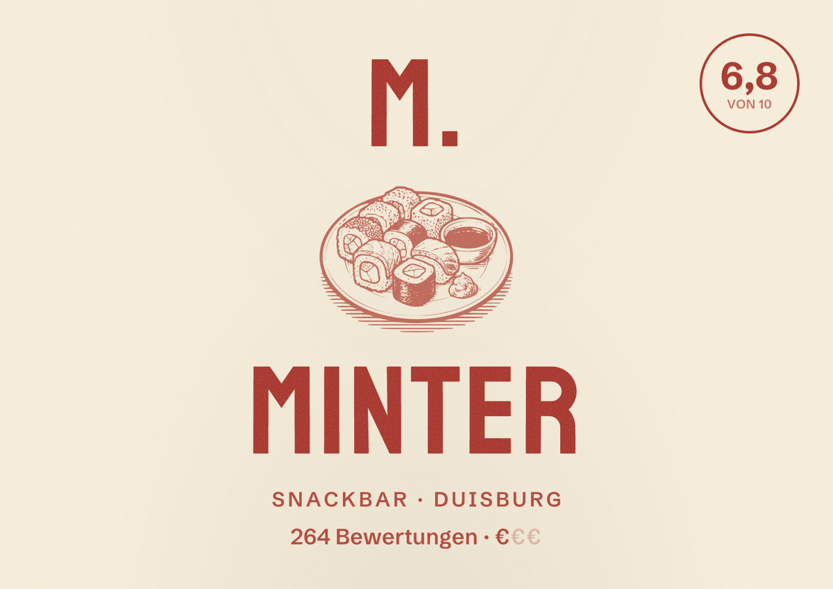 Illustriertes Poster von M. Minter, Snackbar in Duisburg: Gästebewertung 6,8 von 10 aus 264 Bewertungen