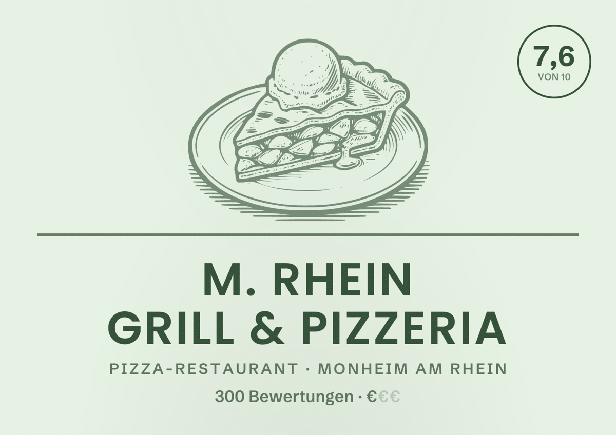 Illustriertes Poster von M. Rhein Grill & Pizzeria, Pizza-Restaurant in Monheim am Rhein: Bewertung 7,6 von 10 aus 300 Bewertungen, Preisniveau €