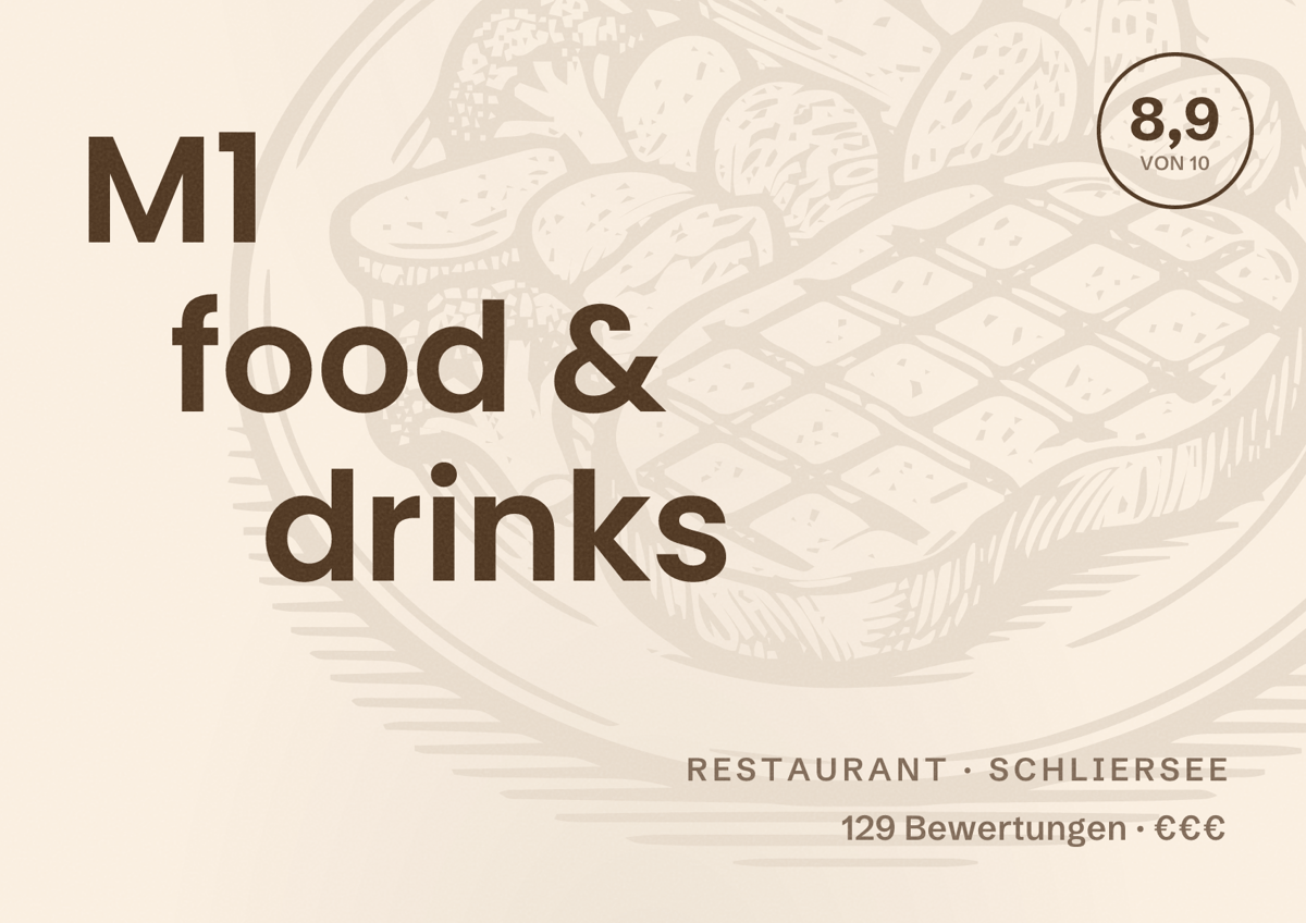 Illustriertes Poster von M1 food & drinks, Restaurant in Schliersee: Bewertung 8,9 von 10 aus 129 Bewertungen, Preisniveau €€€