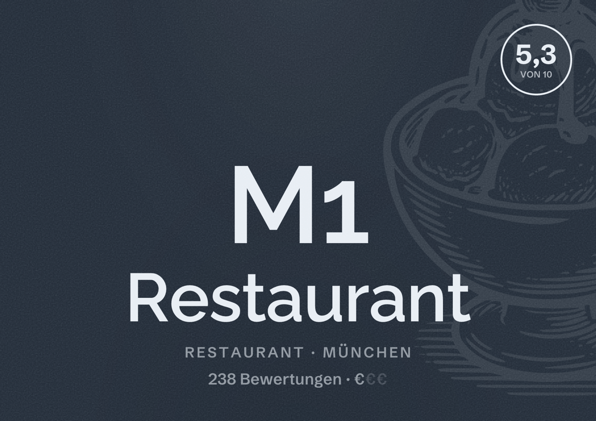 Illustriertes Poster von M1 Restaurant, Restaurant in München: Bewertung 5,3 von 10 aus 238 Bewertungen, Preisniveau €