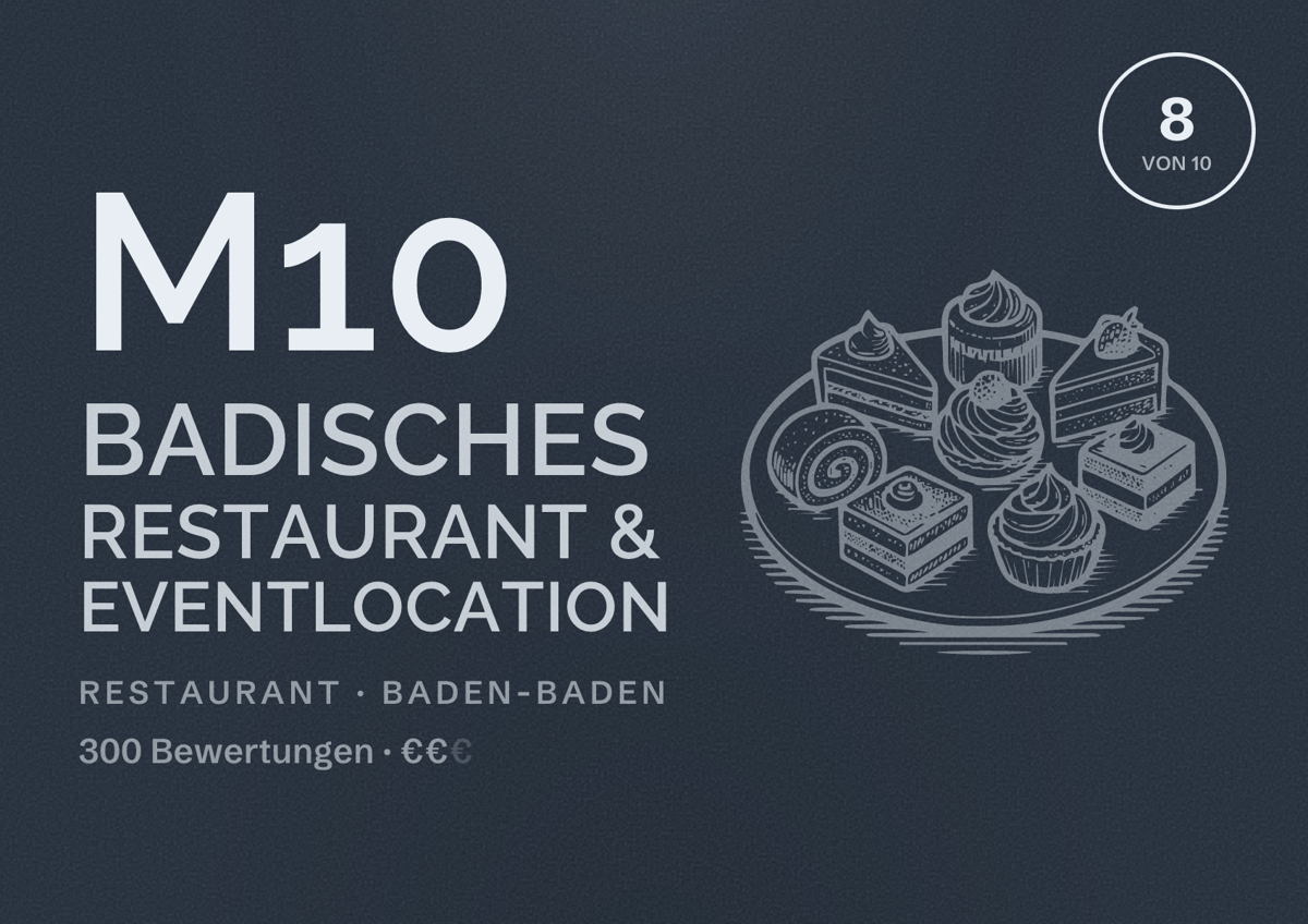 Illustriertes Poster von M10 Badisches Restaurant & Eventlocation, Restaurant in Baden-Baden: Bewertung 8 von 10 aus 300 Bewertungen, Preisniveau €€