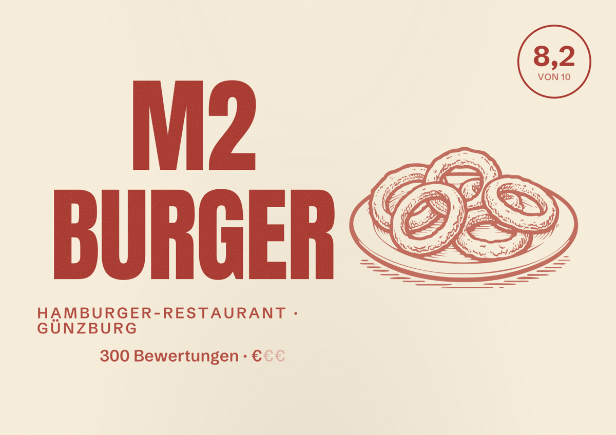 Illustriertes Poster von M2 BURGER, Hamburger-Restaurant in Günzburg: Bewertung 8,2 von 10 aus 300 Bewertungen, Preisniveau €