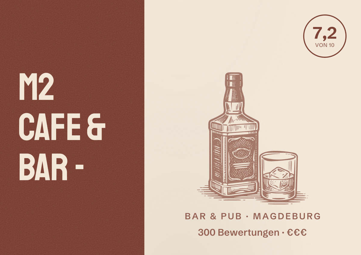 Illustriertes Poster von M2 Cafe & Bar -, Bar & Pub in Magdeburg: Bewertung 7,2 von 10 aus 300 Bewertungen, Preisniveau €€€