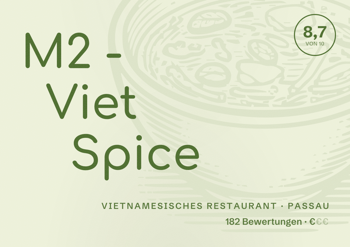 Illustriertes Poster von M2 - Viet Spice, Vietnamesisches Restaurant in Passau: Bewertung 8,7 von 10 aus 182 Bewertungen, Preisniveau €