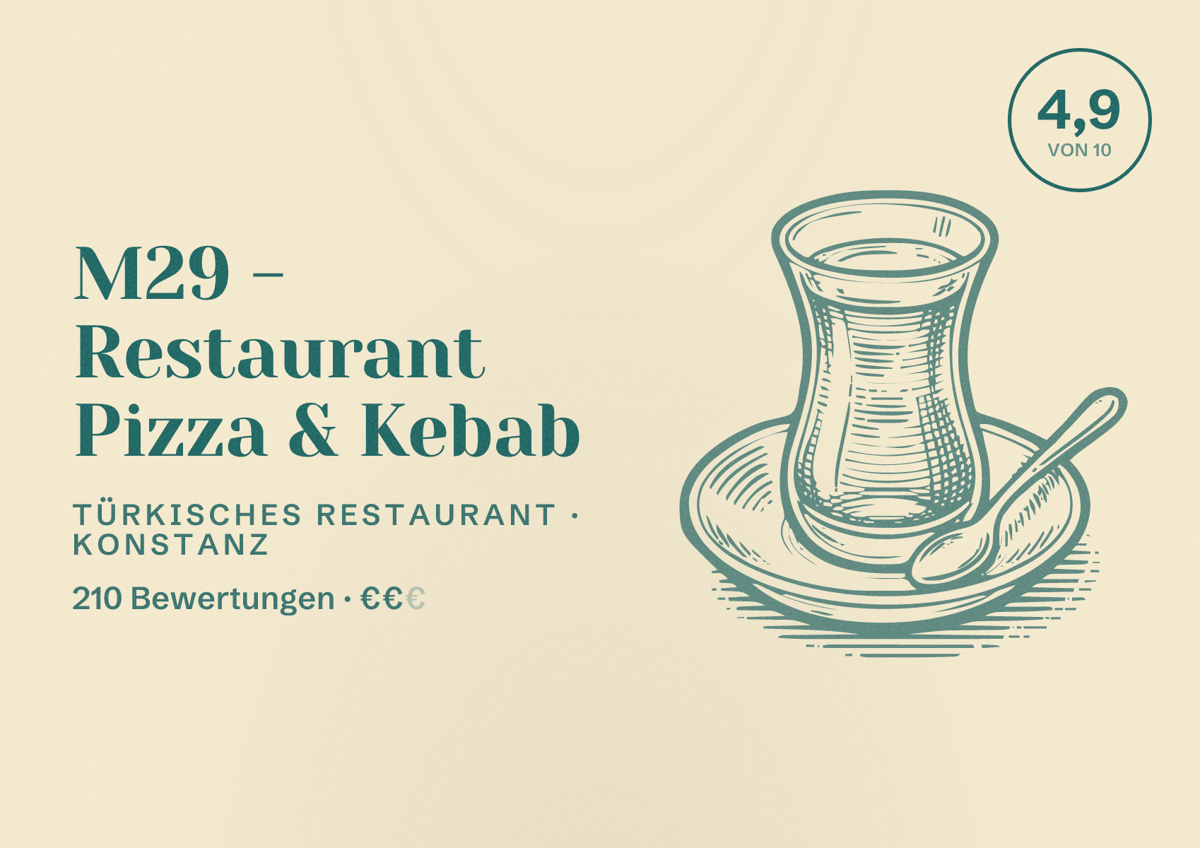 Illustriertes Poster von M29 - Restaurant Pizza & Kebab, Türkisches Restaurant in Konstanz: Bewertung 4,9 von 10 aus 210 Bewertungen, Preisniveau €€