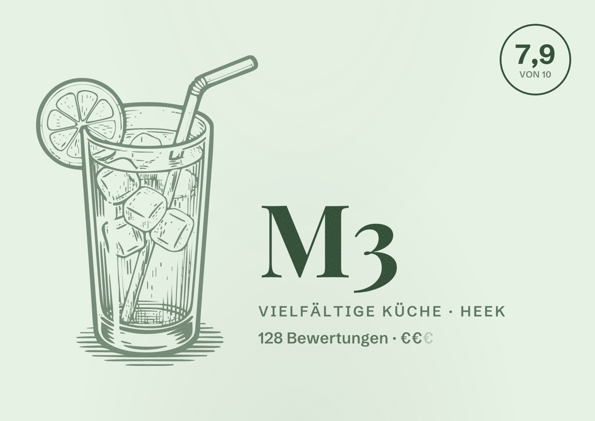 Illustriertes Poster von M3, Vielfältige Küche in Heek: Bewertung 7,9 von 10 aus 128 Bewertungen, Preisniveau €€