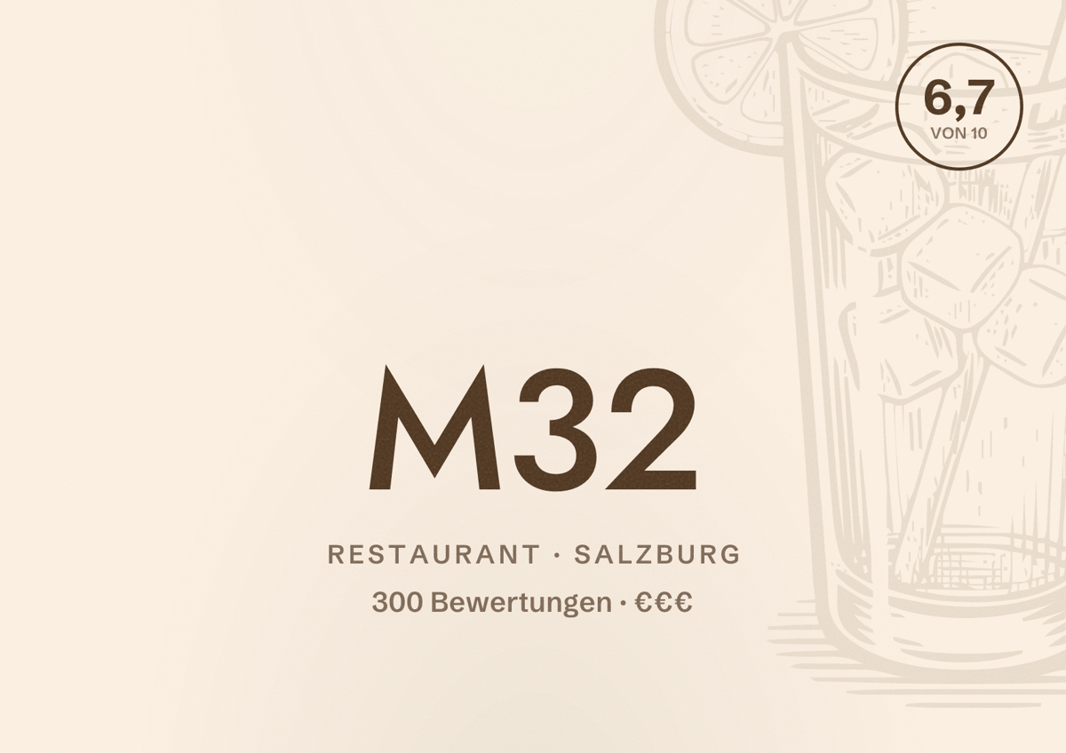 Illustriertes Poster von M32, Restaurant in Salzburg: Bewertung 6,7 von 10 aus 300 Bewertungen, Preisniveau €€€