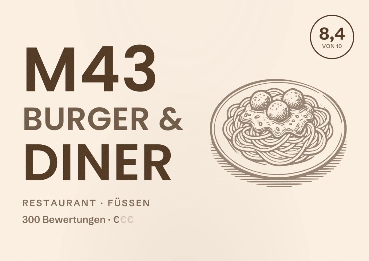Illustriertes Poster von M43 Burger & diner, Restaurant in Füssen: Bewertung 8,4 von 10 aus 300 Bewertungen, Preisniveau €