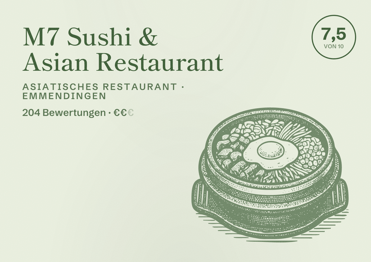 Illustriertes Poster von M7 Sushi & Asian Restaurant, Asiatisches Restaurant in Emmendingen: Bewertung 7,5 von 10 aus 204 Bewertungen, Preisniveau €€