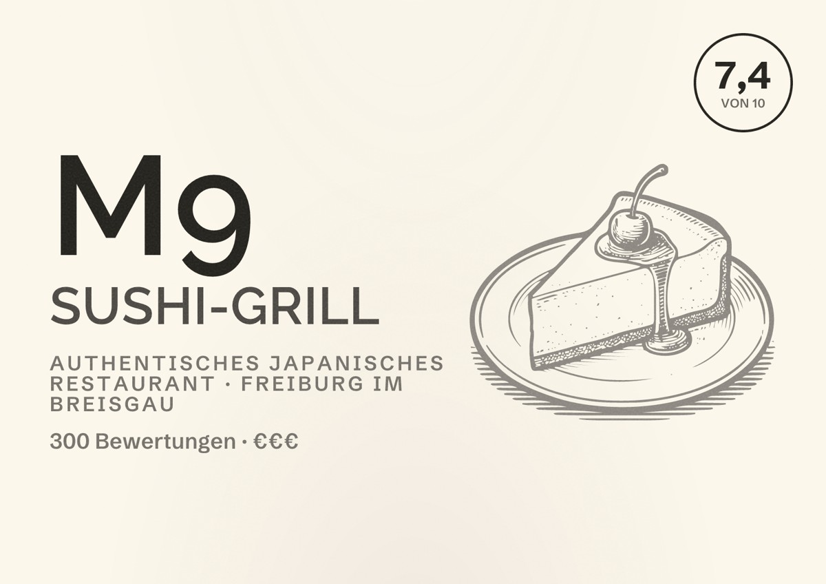 Illustriertes Poster von M9 Sushi-Grill, Authentisches japanisches Restaurant in Freiburg im Breisgau: Bewertung 7,4 von 10 aus 300 Bewertungen, Preisniveau €€€