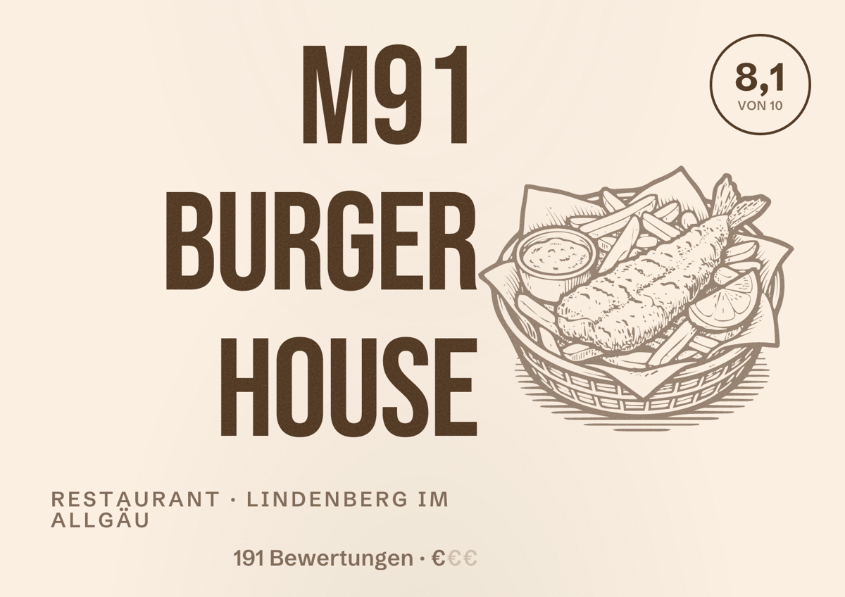 Illustriertes Poster von M91 Burger House, Restaurant in Lindenberg im Allgäu: Bewertung 8,1 von 10 aus 191 Bewertungen, Preisniveau €