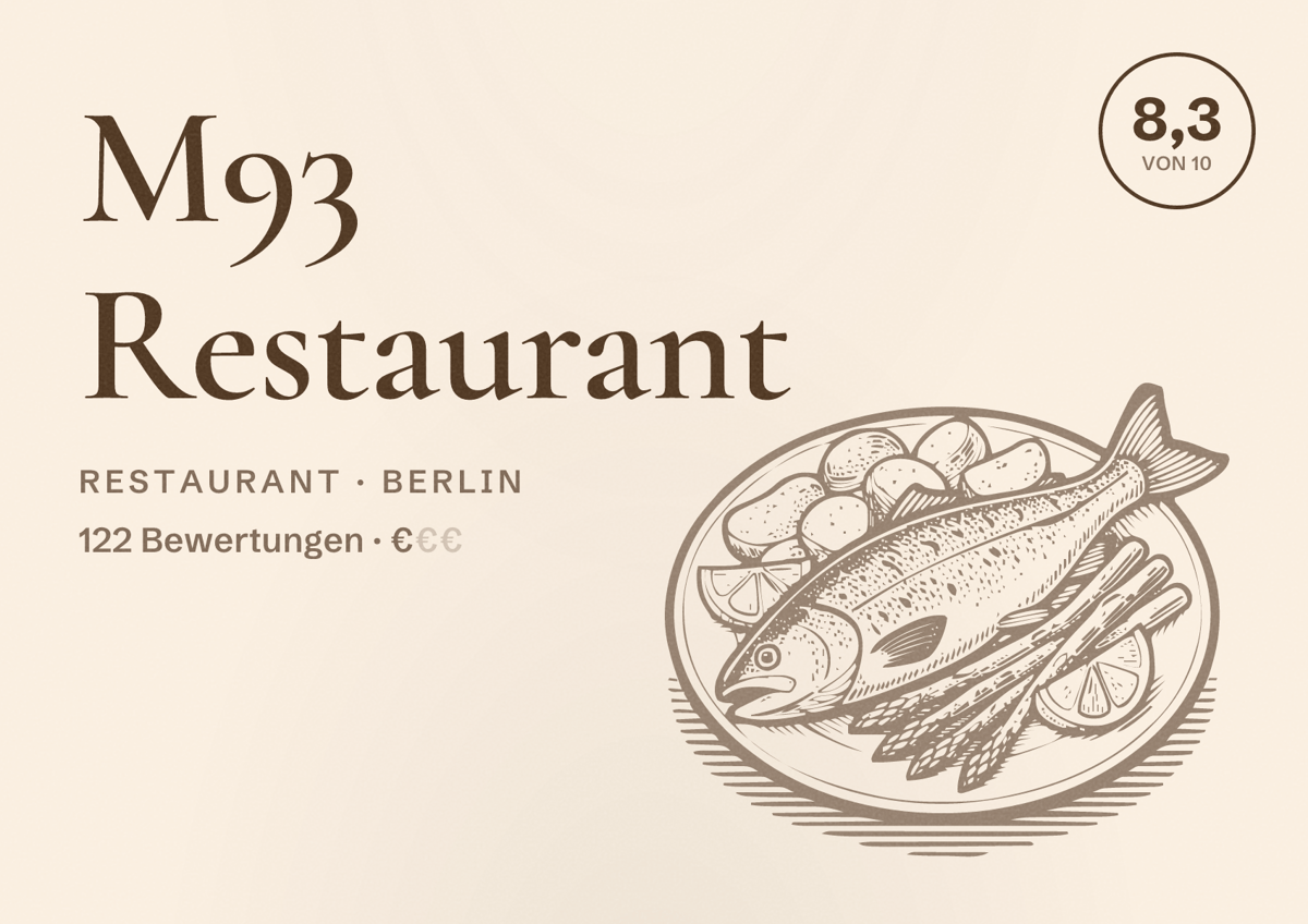 Illustriertes Poster von M93 Restaurant, Restaurant in Berlin: Bewertung 8,3 von 10 aus 122 Bewertungen, Preisniveau €