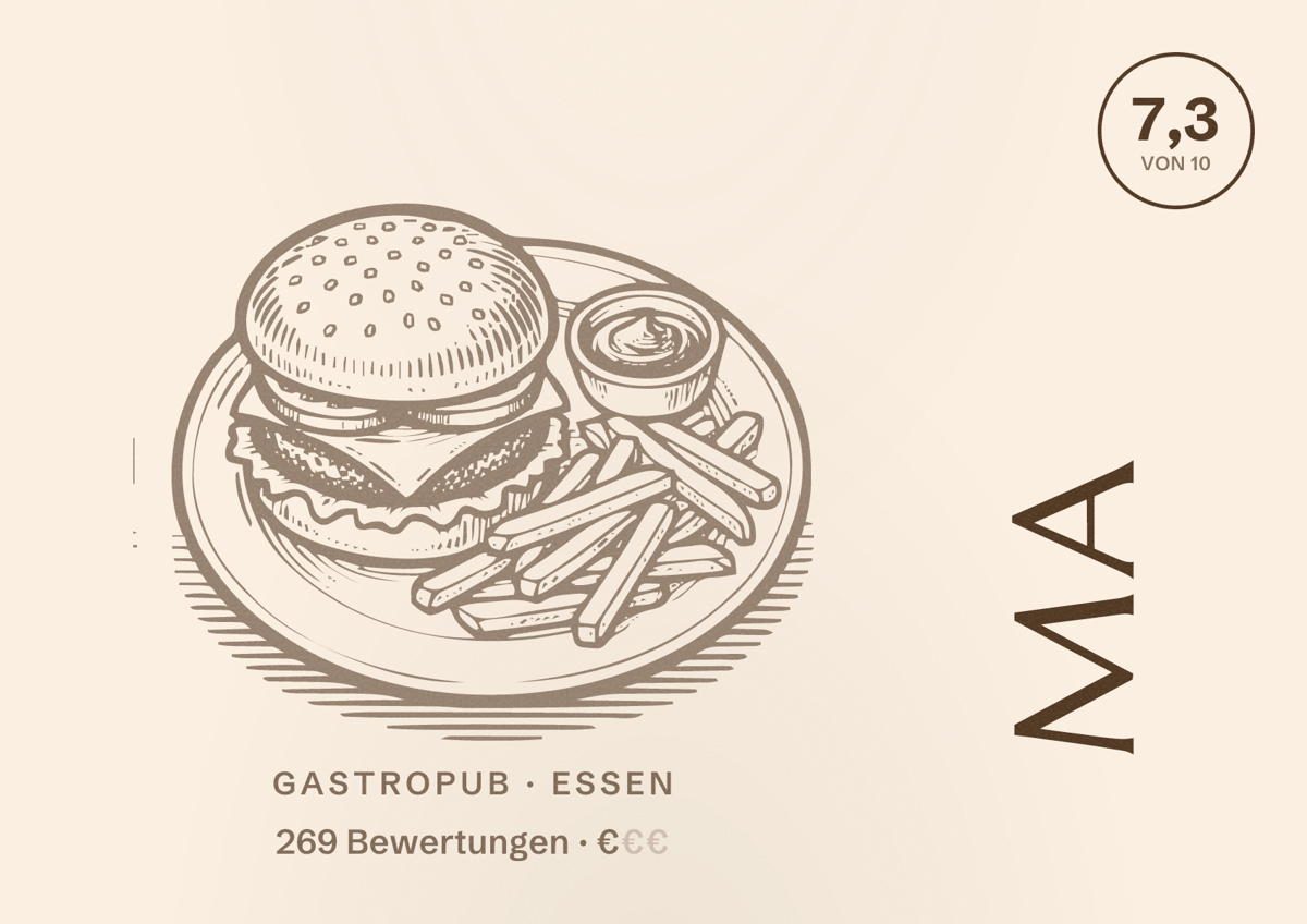 Illustriertes Poster von MA, Gastropub in Essen: Bewertung 7,3 von 10 aus 269 Bewertungen, Preisniveau €