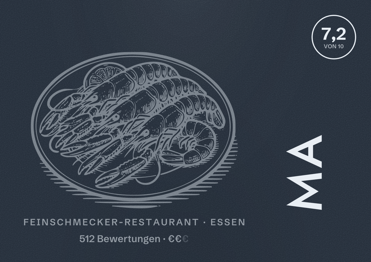 Illustriertes Poster von MA, Feinschmecker-Restaurant in Essen: Bewertung 7,2 von 10 aus 512 Bewertungen, Preisniveau €€