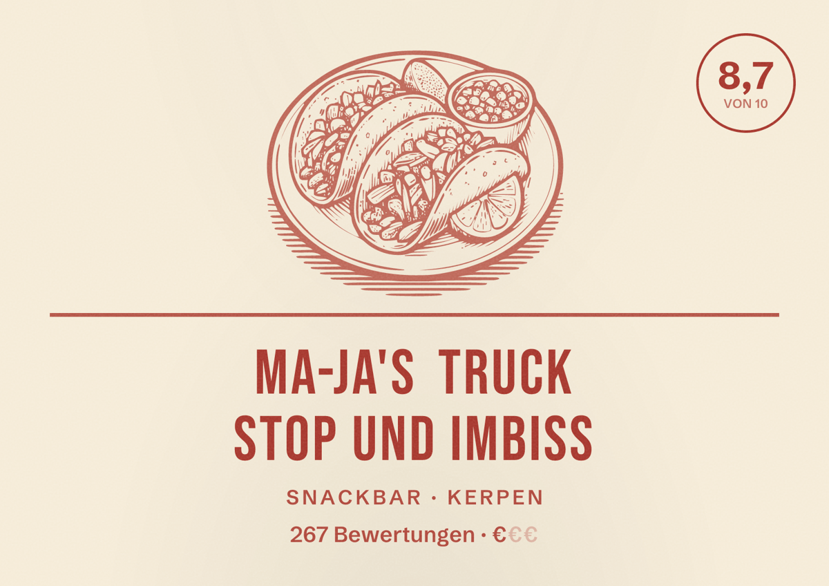 Illustriertes Poster von Ma-Ja's Truck Stop und Imbiss, Snackbar in Kerpen: Bewertung 8,7 von 10 aus 267 Bewertungen, Preisniveau €