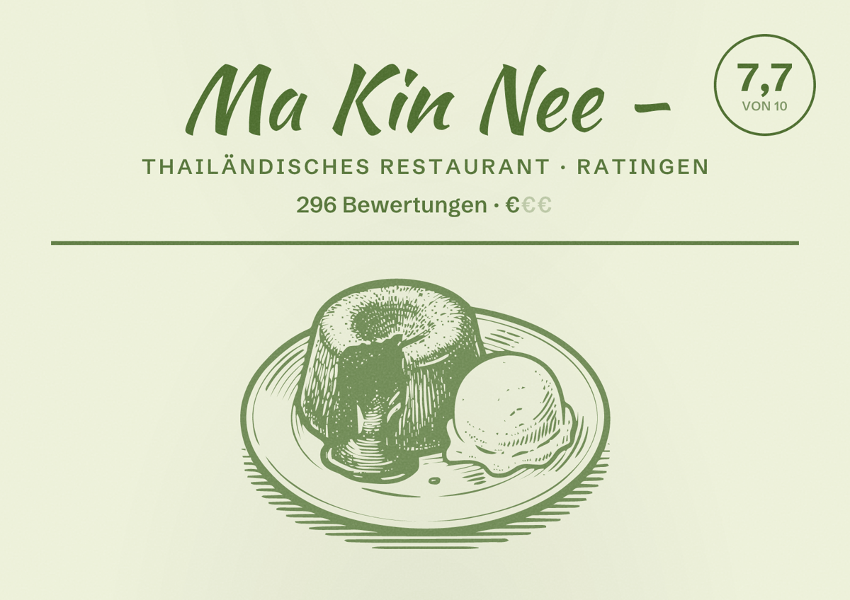 Illustriertes Poster von Ma Kin Nee -, Thailändisches Restaurant in Ratingen: Bewertung 7,7 von 10 aus 296 Bewertungen, Preisniveau €