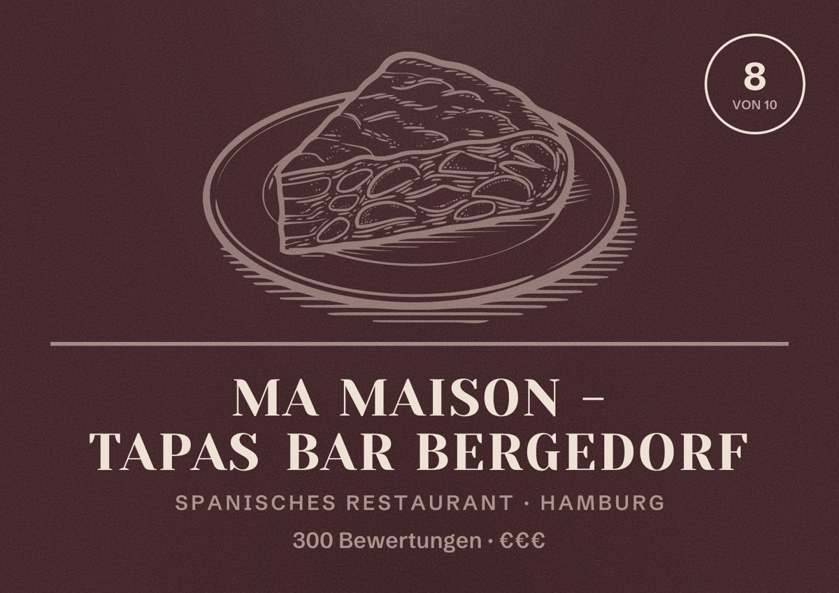 Illustriertes Poster von Ma Maison - Tapas Bar Bergedorf, Spanisches Restaurant in Hamburg: Bewertung 8,0 von 10 aus 300 Bewertungen, Preisniveau €€€