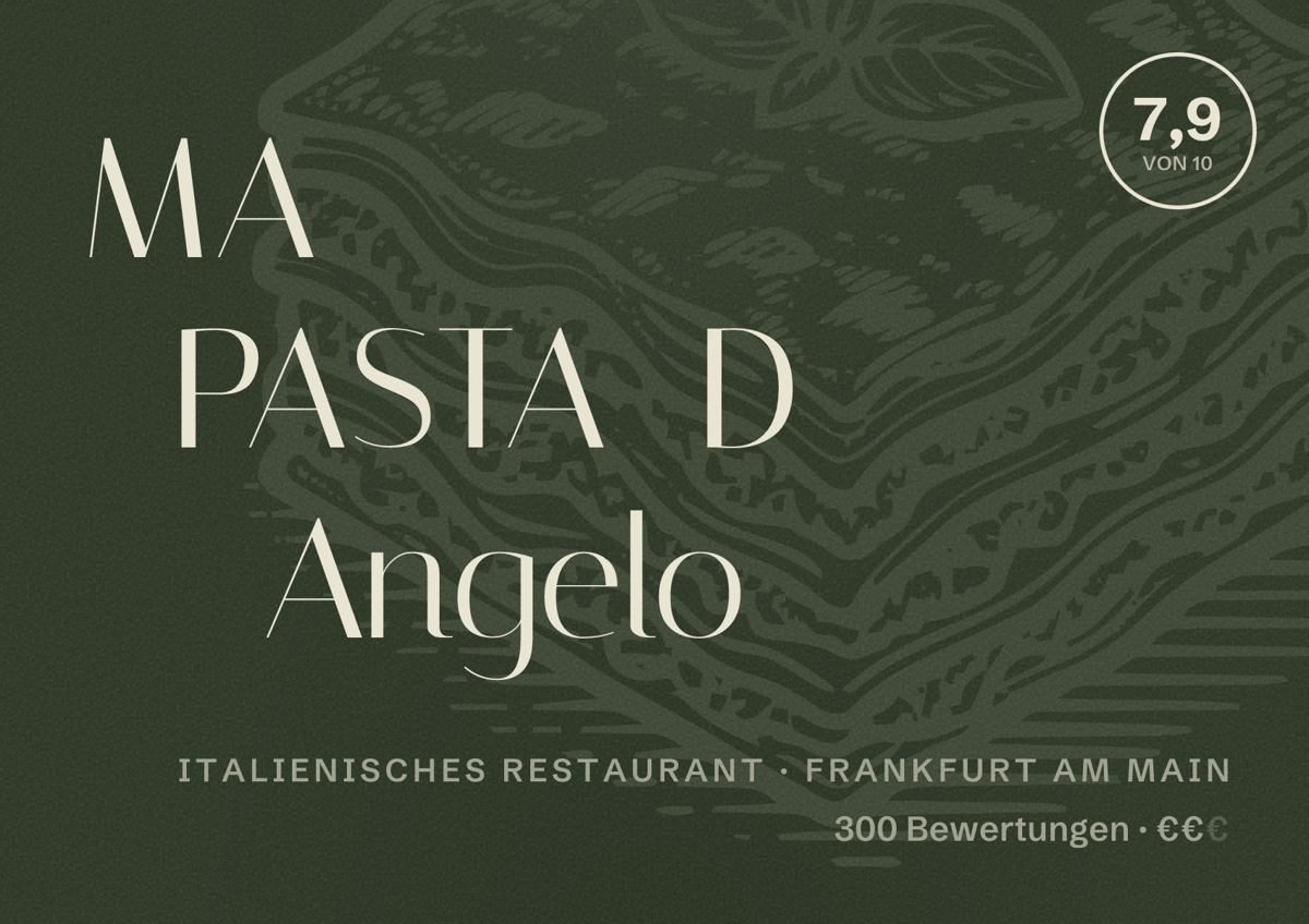 Illustriertes Poster von MA PASTA D Angelo, Italienisches Restaurant in Frankfurt am Main: Bewertung 7,9 von 10 aus 300 Bewertungen, Preisniveau €€