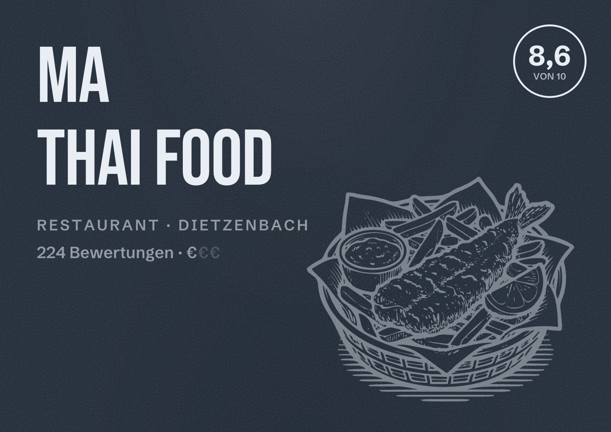 Illustriertes Poster von Ma Thai Food, Restaurant in Dietzenbach: Bewertung 8,6 von 10 aus 224 Bewertungen, Preisniveau €