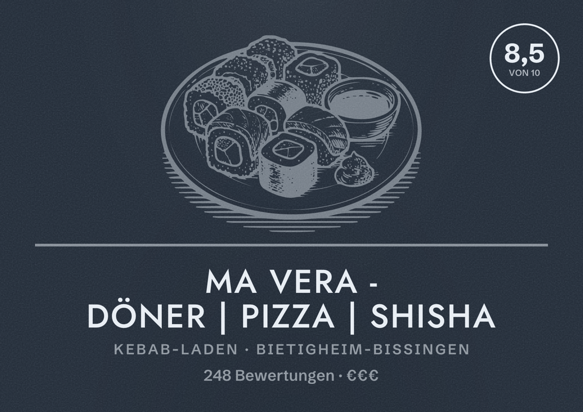 Illustriertes Poster von Ma Vera - Döner | Pizza | Shisha, Kebab-Laden in Bietigheim-Bissingen: Bewertung 8,5 von 10 aus 248 Bewertungen, Preisniveau €€€