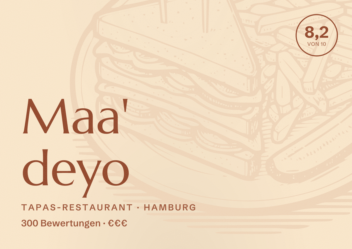 Illustriertes Poster von Maa' deyo, Tapas-Restaurant in Hamburg: Bewertung 8,2 von 10 aus 300 Bewertungen, Preisniveau €€€