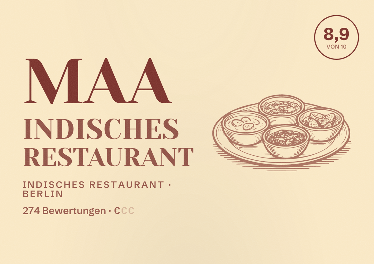 Illustriertes Poster von Maa Indisches Restaurant, Indisches Restaurant in Berlin: Bewertung 8,9 von 10 aus 274 Bewertungen, Preisniveau €