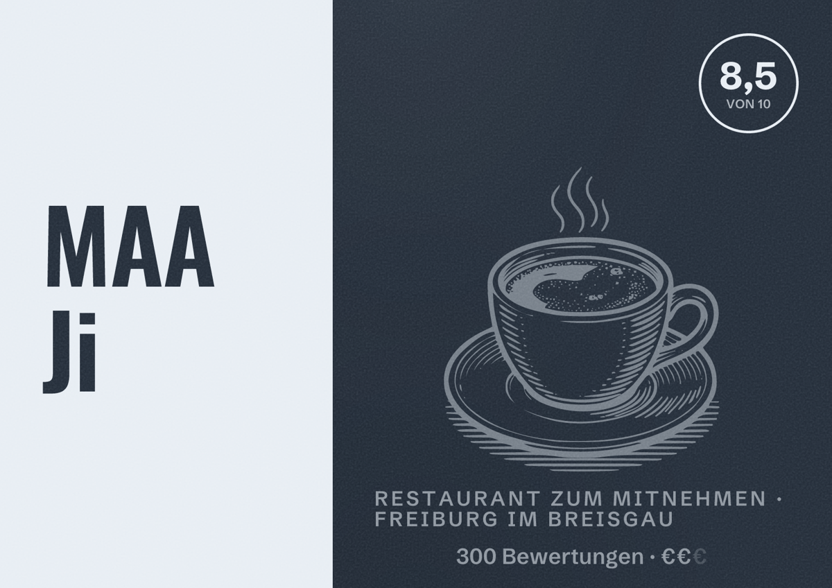 Illustriertes Poster von MAA Ji, Restaurant zum Mitnehmen in Freiburg im Breisgau: Bewertung 8,5 von 10 aus 300 Bewertungen, Preisniveau €€