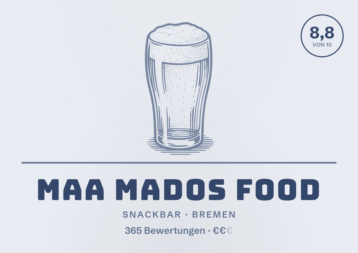 Illustriertes Poster von MAA MADOS FOOD, Snackbar in Bremen: Bewertung 8,8 von 10 aus 365 Bewertungen, Preisniveau €€