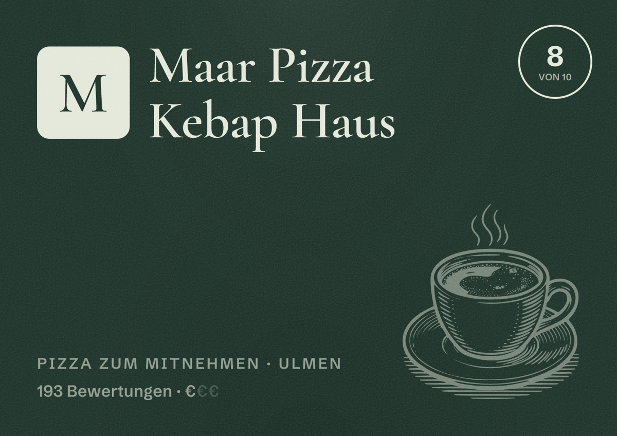 Illustriertes Poster von Maar Pizza Kebap Haus, Pizza zum Mitnehmen in Ulmen: Bewertung 8 von 10 aus 193 Bewertungen, Preisniveau €