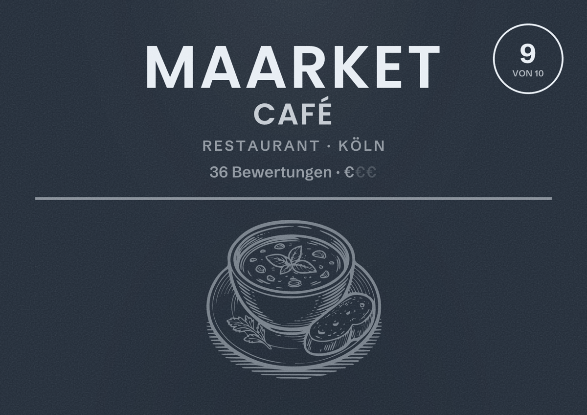 Illustriertes Poster von Maarket Café, Restaurant in Köln: Bewertung 9,0 von 10 aus 36 Bewertungen, Preisniveau €