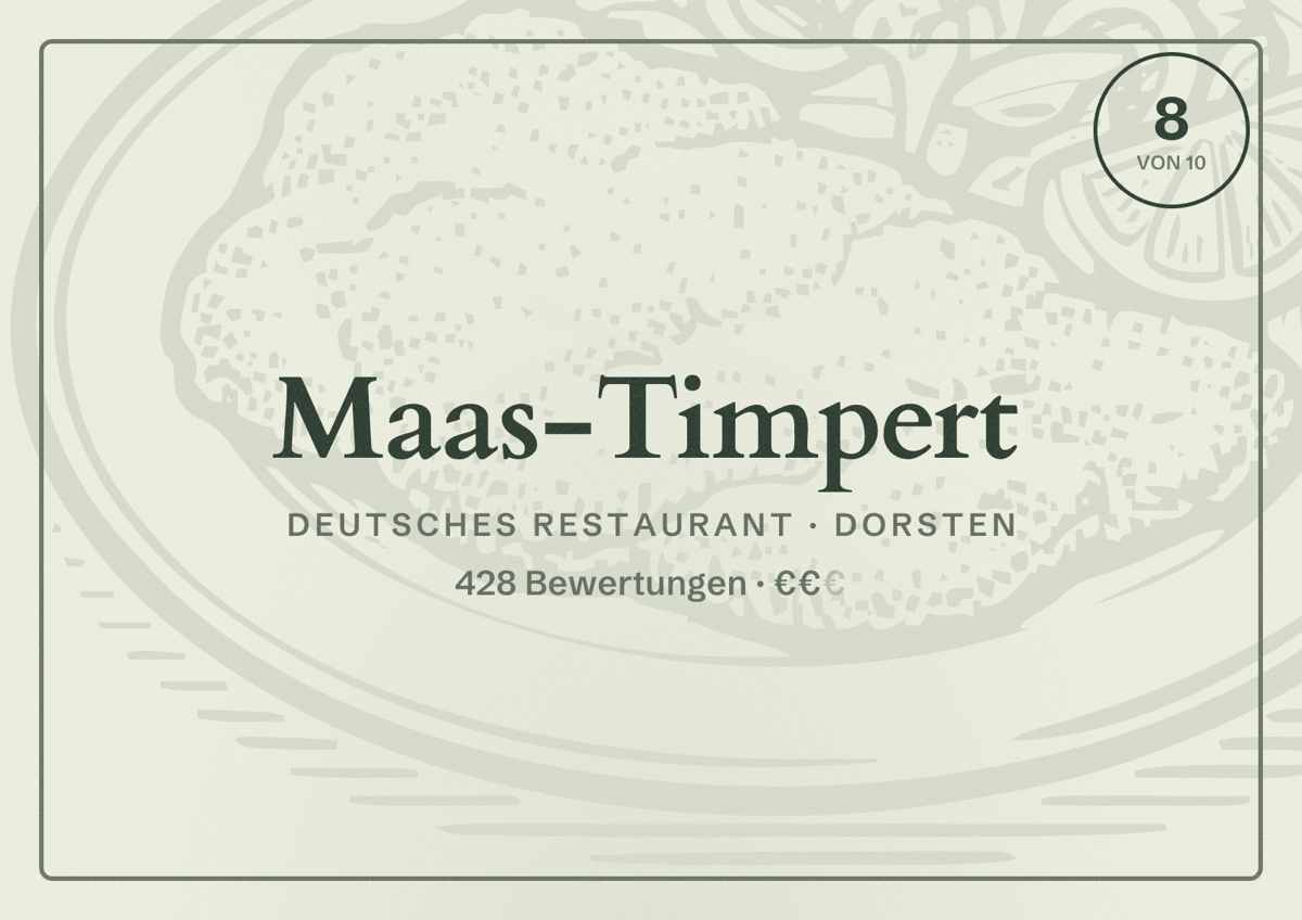 Illustriertes Poster von Maas-Timpert, Deutsches Restaurant in Dorsten: Bewertung 8 von 10 aus 428 Bewertungen, Preisniveau €€