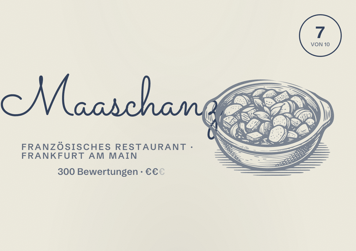 Illustriertes Poster von Maaschanz, Französisches Restaurant in Frankfurt am Main: Bewertung 7,0 von 10 aus 300 Bewertungen, Preisniveau €€